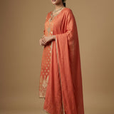 Geometric Embroidered Salwar Suit In Coral Orange