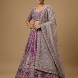 Deep Purple Silk Bridal Lehenga Choli With Embroidered Geometric Jaal & Gold Border Dupatta
