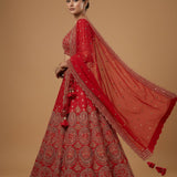 Bright Red Silk Bridal Lehenga Choli With All-Over Gold Embroidered Butti & Sequin Dupatta