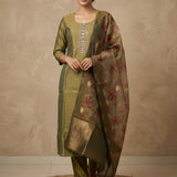 Olive Green Pearl Embellished Straight Kurti Set With Floral Printed Zari Border Dupatta