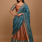Teal & Rust Silk Lehenga Set - Floral Embroidered Blouse With Metallic Sleeves & Border Highlight Dupatta