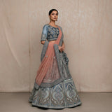 Steel Blue Silk Bridal Lehenga Set With Peach Net Dupatta