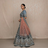 Steel Blue Silk Bridal Lehenga Set With Peach Net Dupatta