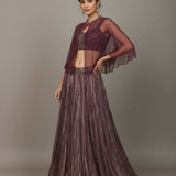 Burgundy Sequin Embroidered Lehenga Set With Sheer Cape Shrug