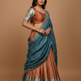 Teal & Rust Silk Lehenga Set - Floral Embroidered Blouse With Metallic Sleeves & Border Highlight Dupatta