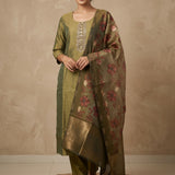 Olive Green Pearl Embellished Straight Kurti Set With Floral Printed Zari Border Dupatta