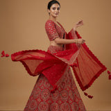 Bright Red Silk Bridal Lehenga Choli With All-Over Gold Embroidered Butti & Sequin Dupatta