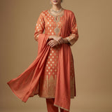 Geometric Embroidered Salwar Suit In Coral Orange
