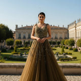 Olive Green Sequin And Bead Embroidered Bridal Gown