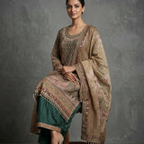 Traditional Embroidered Palazzo Set - Brown & Forest Green
