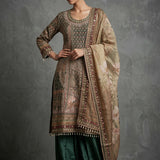 Traditional Embroidered Palazzo Set - Brown & Forest Green