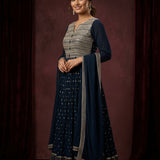 Deep Navy Blue Cotton Anarkali Set With Geometric Jaal & Gold Butti Embroidery