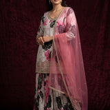 Grey Embroidered Kurti With Straight Cut Palazzo Set