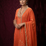Bright Orange Silk Straight Kurti With Beaded V-Neckline & Gold Stripe Dupatta