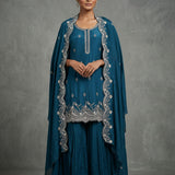 Teal Blue Georgette Palazzo Set With Chikankari Embroidered Dupatta
