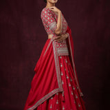 Bright Red Cotton Anarkali Set With Geometric Diamond Embroidery & Gold Border