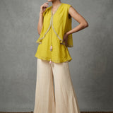 Bright Yellow Silk Tunic With Gold Embroidered Border & Cream Palazzo Indo Western Set
