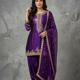 Deep Purple Silk Straight Kurti With Embroidered Gold Border & Palazzo Set