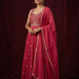 Bright Red Georgette Straight Kurti With Embroidered Sweetheart Neckline & Gold Butti