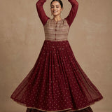 Maroon Silk Anarkali Set With Butti Design And Embroidered Work