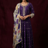 Deep Purple Silk Anarkali Set With Gold Butti & Multi-Color Floral Printed Dupatta