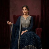 Deep Navy Blue Cotton Anarkali Set With Geometric Jaal & Gold Butti Embroidery