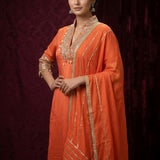 Bright Orange Silk Straight Kurti With Beaded V-Neckline & Gold Stripe Dupatta