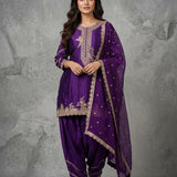 Deep Purple Silk Straight Kurti With Embroidered Gold Border & Palazzo Set