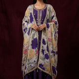 Deep Purple Silk Anarkali Set With Gold Butti & Multi-Color Floral Printed Dupatta