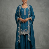 Teal Blue Georgette Palazzo Set With Chikankari Embroidered Dupatta