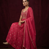 Bright Red Georgette Straight Kurti With Embroidered Sweetheart Neckline & Gold Butti