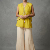 Bright Yellow Silk Tunic With Gold Embroidered Border & Cream Palazzo Indo Western Set