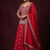 Bright Red Cotton Anarkali Set With Geometric Diamond Embroidery & Gold Border