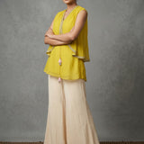 Bright Yellow Silk Tunic With Gold Embroidered Border & Cream Palazzo Indo Western Set