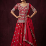 Bright Red Cotton Anarkali Set With Geometric Diamond Embroidery & Gold Border