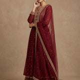 Maroon Silk Anarkali Set With Butti Design And Embroidered Work