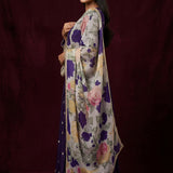 Deep Purple Silk Anarkali Set With Gold Butti & Multi-Color Floral Printed Dupatta