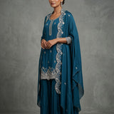 Teal Blue Georgette Palazzo Set With Chikankari Embroidered Dupatta