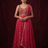 Bright Red Georgette Straight Kurti With Embroidered Sweetheart Neckline & Gold Butti