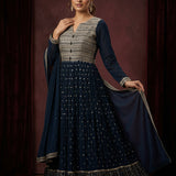 Deep Navy Blue Cotton Anarkali Set With Geometric Jaal & Gold Butti Embroidery