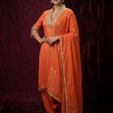 Bright Orange Silk Straight Kurti With Beaded V-Neckline & Gold Stripe Dupatta