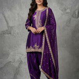 Deep Purple Silk Straight Kurti With Embroidered Gold Border & Palazzo Set