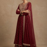 Maroon Silk Anarkali Set With Butti Design And Embroidered Work