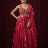Bright Red Georgette Straight Kurti With Embroidered Sweetheart Neckline & Gold Butti