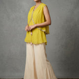 Bright Yellow Silk Tunic With Gold Embroidered Border & Cream Palazzo Indo Western Set