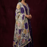 Deep Purple Silk Anarkali Set With Gold Butti & Multi-Color Floral Printed Dupatta