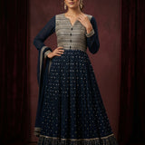 Deep Navy Blue Cotton Anarkali Set With Geometric Jaal & Gold Butti Embroidery