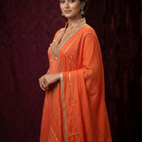 Bright Orange Silk Straight Kurti With Beaded V-Neckline & Gold Stripe Dupatta
