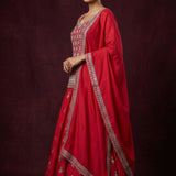 Bright Red Cotton Anarkali Set With Geometric Diamond Embroidery & Gold Border