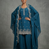 Teal Blue Georgette Palazzo Set With Chikankari Embroidered Dupatta